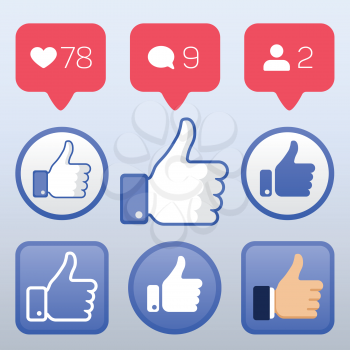 Thumb up, like icons, like follower comment icons vector. Set of element for social network illustration