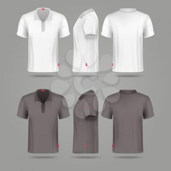 White black mens polo t-shirt front back and side views vector mockups. Template fashion tshirt for sport illustration