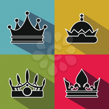 Black crown icons with long shadow on color background. King and prince, royal crown element, vector illustration