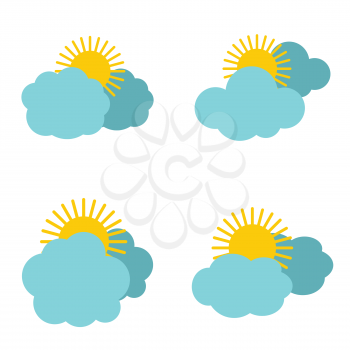 Cloud icons with sun on white background. Meteorology and cloudy, vector illustration