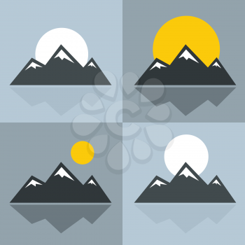 Mountain icons with sun and reflection. Mountain with snowy peak. Vector illustration