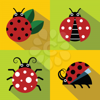 Ladybug icons in flat style on color background. Set of insect, vector illustration