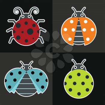 Ladybug icons on black background. Ladybug with color wings. Vector illustration