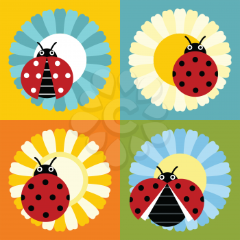 Ladybugs in flower in flat style isolated on color background. Vector illustration