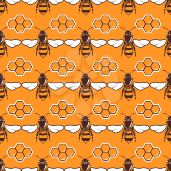 Bees, honey vector seamless pattern in brown and orange color, honeycomb illustration