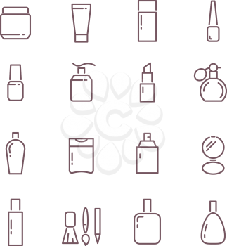 Cosmetic package bottles thin outline vector icons. Set of cosmetic product in linear style and illustration of collection cosmetics for care female