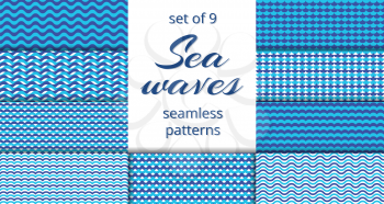 Blue sea waves patterns collection. Set of colored background ocean, vector illustration