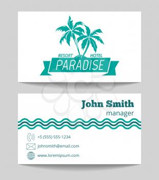 Tropical hotel business card template. Touristic agency card. Vector illustration