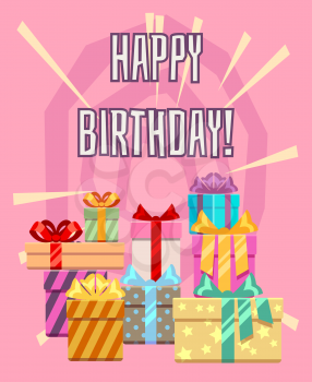 Happy birthday greeting card with a heap of gift boxes. Package gift to holiday, vector illustration