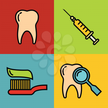 Dentistry medical cartoon icons on color background. Colored dental elements. Vector illustration