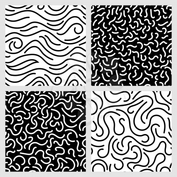 Hand drawn marker, ink, line, stroke, squiggle vector seamless patterns. Abstract monochrome background with curve line illustration