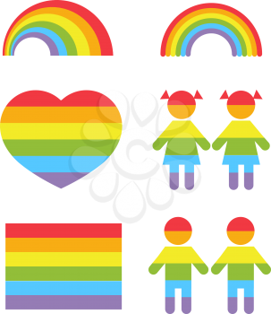Gay pride rainbow heart and gay colors shapes vector set. Lesbian and homosexual, freedom and tolerance illustration
