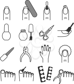 Nail care, manicure and cutter, spa vector icons. Care to hand and foot, tools for pedicure illustration