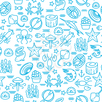 Outline seafood, sushi seamless vector pattern. Marine background with fish and seaweed illustration
