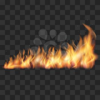 Realistic fire trail vector. Illustration of hot fire isolated, burn fire line on checkered background