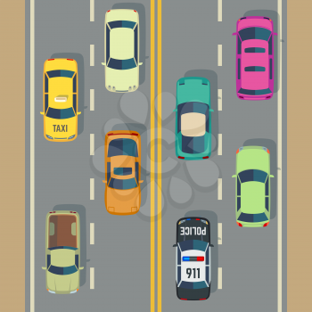 Highway traffic with top view cars and trucks street vector. Traffic with police car and taxi, illustration view to traffic road with transport