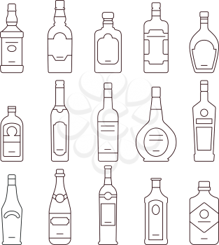 Alcohol drink bottles. Types of alcohol outline bottles, set of icons bottles vector illustration