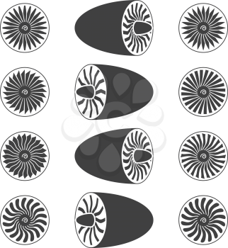 Aircraft jet engine turbines, blades of turbines, vector icons illustration