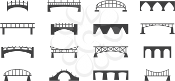Bridges vector icons set. Black silhouette of the bridge structure, river and railway illustration