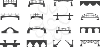 Vector black bridges icons isolated on white background. Urban bridge construction silhouettes, illustration of set bridges for transportation