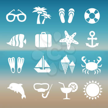Summer rest traveling tourism vacation time icons. Set of summer travel icons, illustration of white silhouette travel icons