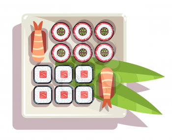 Japanese sushi over a plate vector illustration. Delicious traditional food with chopsticks
