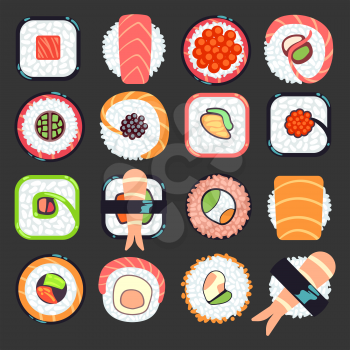 Japanese food sushi vector illustration, Set of type seafood roll