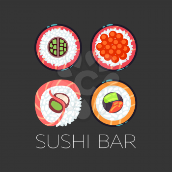 Black sushi bar food logo vector template. Set of emblem for restaurant illustration