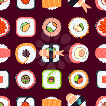 Japanese food sushi vector seamless pattern. Background with roll seafood illustration
