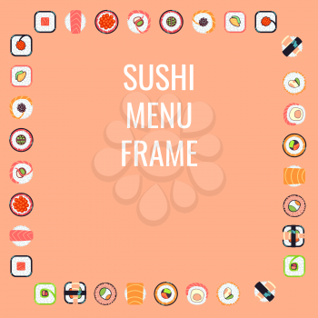Japanese food sushi menu frame. Set of asian seafood. Vector illustration