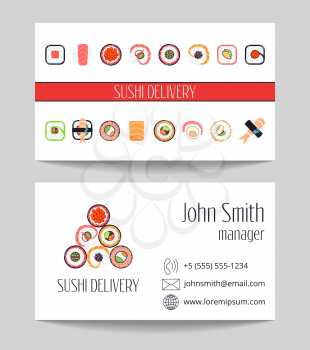 Sushi delivery business card both sides vector template. Design of asian food illustration