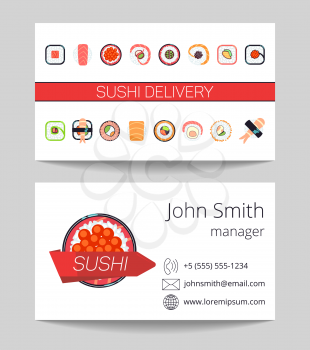 Sushi delivery business card both sides vector template illustration. Japanese menu concept