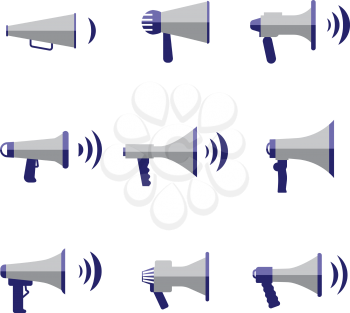 Bullhorn and megaphone, communication, sound, loudspeaker vector flat icons set. Music reproducer illustration