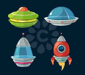 Spaceship and spacecrafts cartoon set for space computer and smartphone game. Ufo and shuttle for space flight and exploration illustration