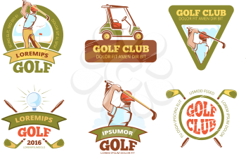 Golf sports club, golf tournament vector color labels, emblems, badges and logos. Competition logotype set illustration