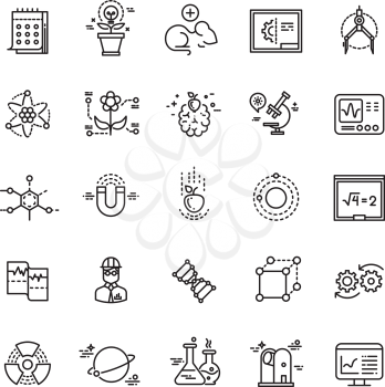 Science lab innovation chemical research thin line vector icons. Experiment in laboratory, chemistry equipment illustration