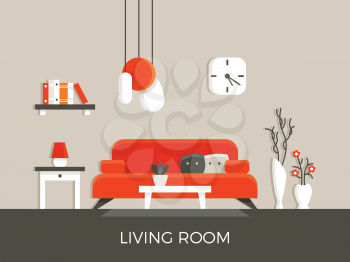 Modern home living room interior with furniture vector illustration. Lamp and sofa in apartment house