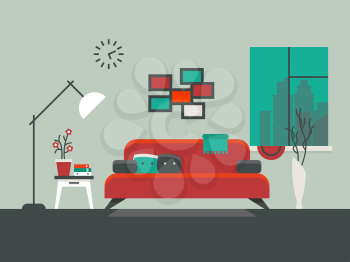 Home interior of living room vector illustration. Table and sofa, apartment with window