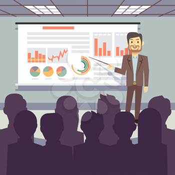 Public business training, conference, workshop presentation vector concept. Business seminar with teacher success businessman illustration