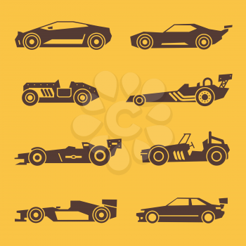 Sport race car black vector icons. Set of automobile silhouette illustration