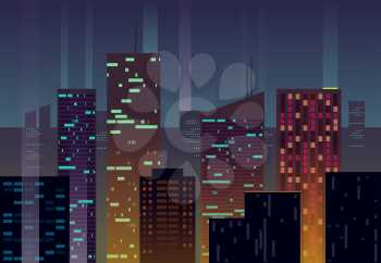 Night city, buildings with glowing windows at dusk vector urban background. Building skyscraper architecture evening illustration