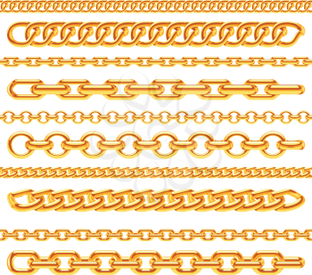 Realistic gold necklace chains vector brushes set. Golden metal chain link for decoration illustration