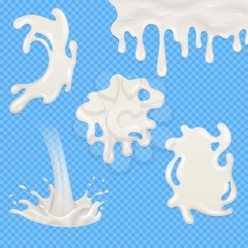 Realistic milk, yogurt, cream splashes, pouring and blots vector set isolated on transparent checkered background. Milk drink product illustration