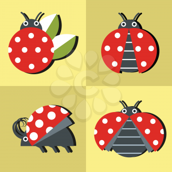 Ladybug icons in applacation style on yellow background. Vector illustration