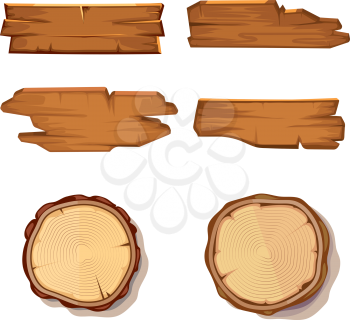 Old wooden vector planks and saw cut tree trunk isolated on white. Wood board texture, stump rough illustration