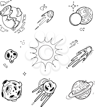 Hand drawn planets of solar system with sun and space asteroids, comets, stars. vector illustration in doodle style. Space science design