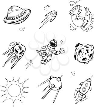 Planets, rockets, spaceships, ufo, stars, astronaut, alien vector set in sketch, doodle hand drawn style. Satellite rocket and meteor, sun and spacecraft rocket illustration