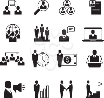 Business people, professional team, office group, management, handshake, training vector icons set. Business management and presentation business project illustration