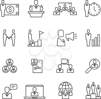 Business people team relationship, human management thin line vector icons set. Recruitment people and strategy company illustration