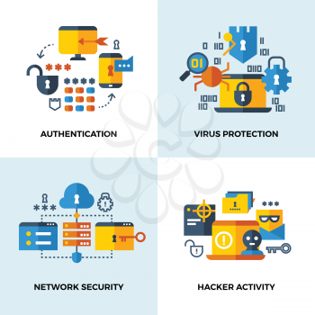 Internet security, cloud technology services data protection vector concepts set. Authentication and virus protection, network security and hacker activity illustration